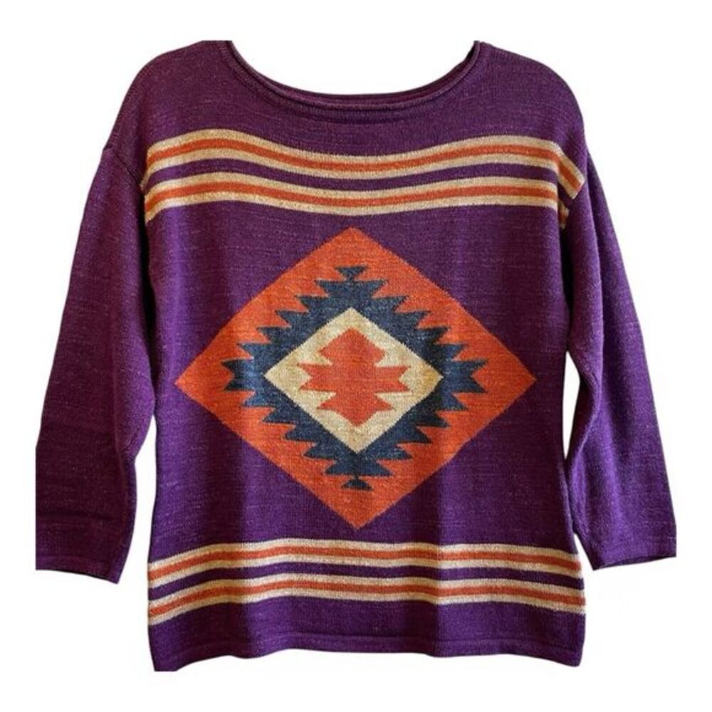 VTG Chaps Southwestern Aztec Boho Hippie Sweater 100% Cotton‎ Purple Medium